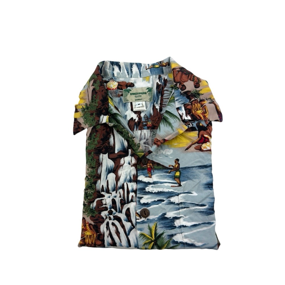 Kamehameha Hawaii Rayon‎ Button Up Shirt Beach Print Short Sleeve Medium USA